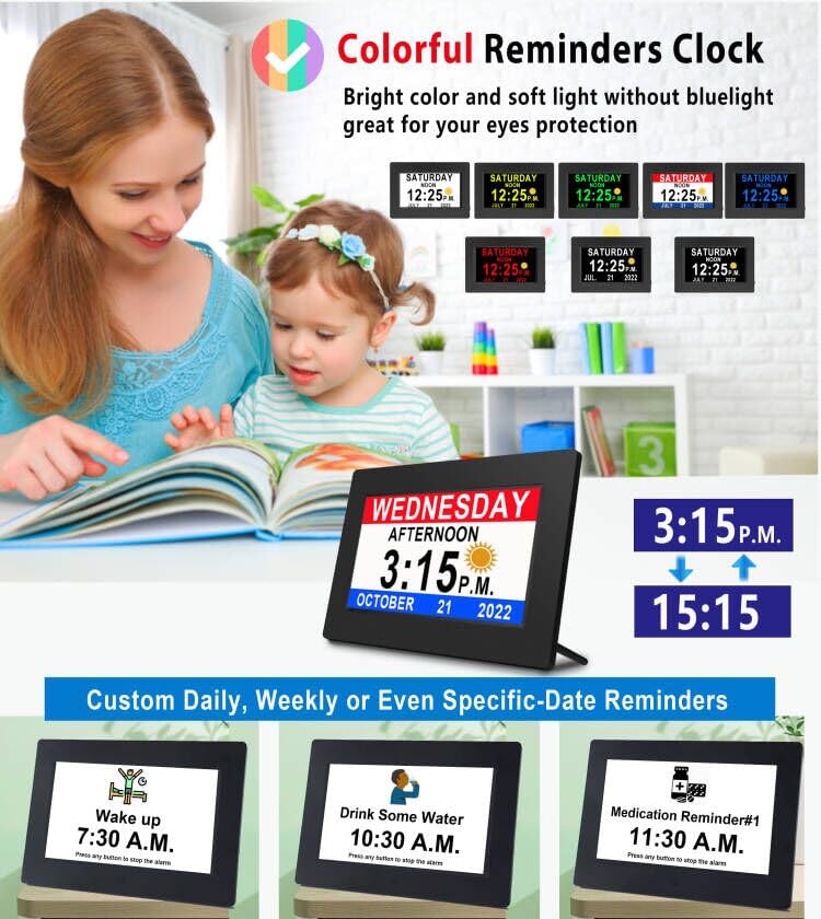 VÃ©faÃ®Ã® 2025 New, Digital Dementia Clock with Date and Time for Elderly, 10 Levels Auto Dimmer, 19 Alarms & Custom Reminders, Sun/Moon Icons, Auto DST, Large Display for Seniors- 7" with Remote - Image 4